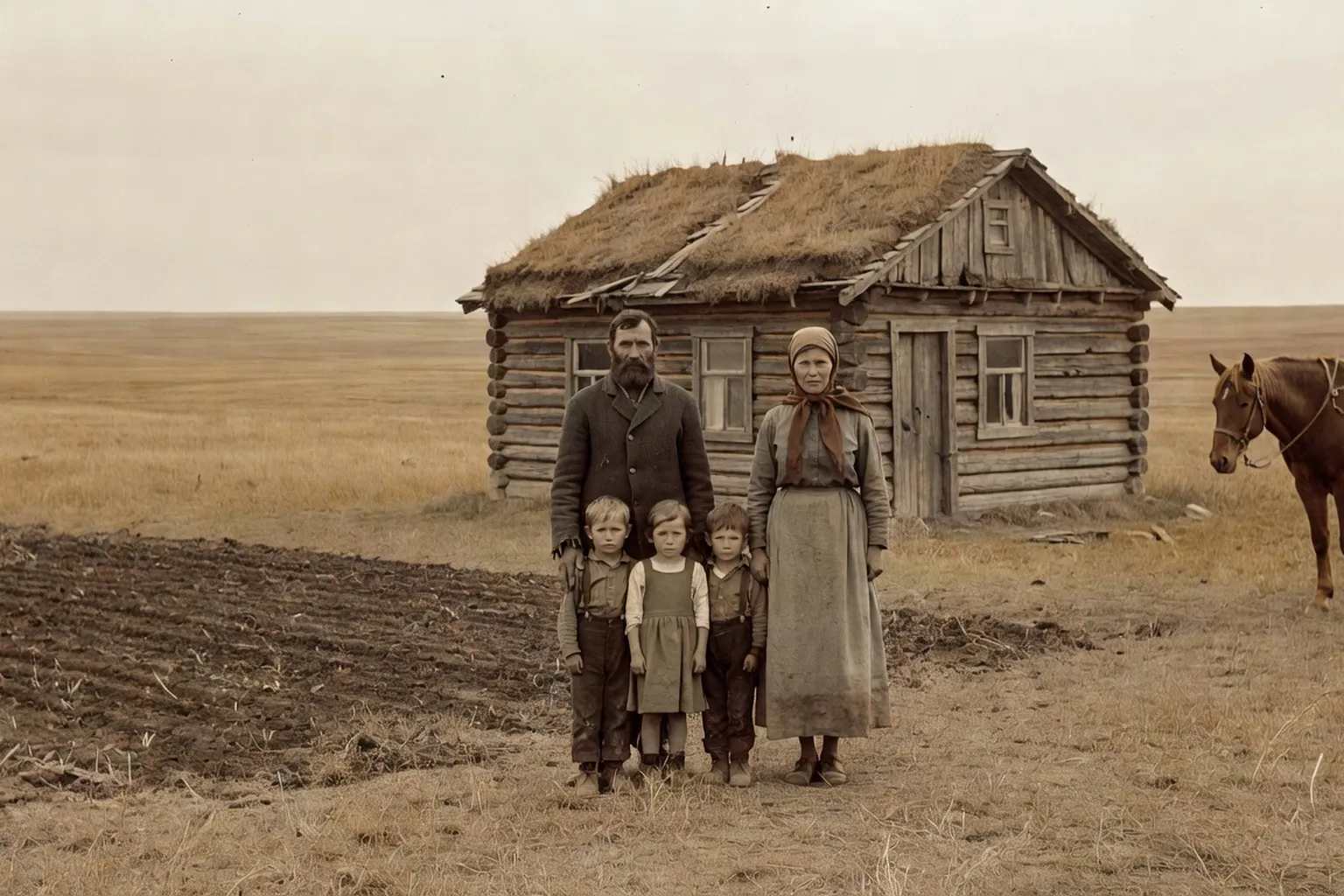 An early 20th-century Ukrainian homestead on the Saskatchewan prairie with a sod roof and a young family standing in front