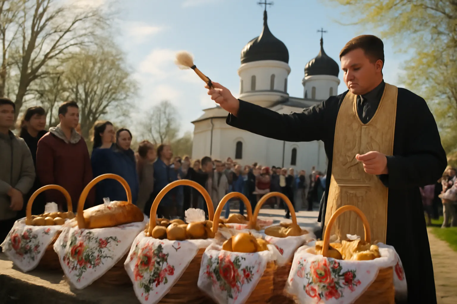 Ukrainian Easter baskets being blessed at church with decorated pysanky and paska bread