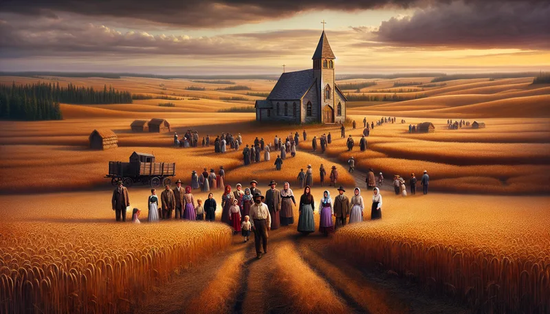 Ukrainian immigrant families arriving at a Canadian prairie homestead in the early 1900s