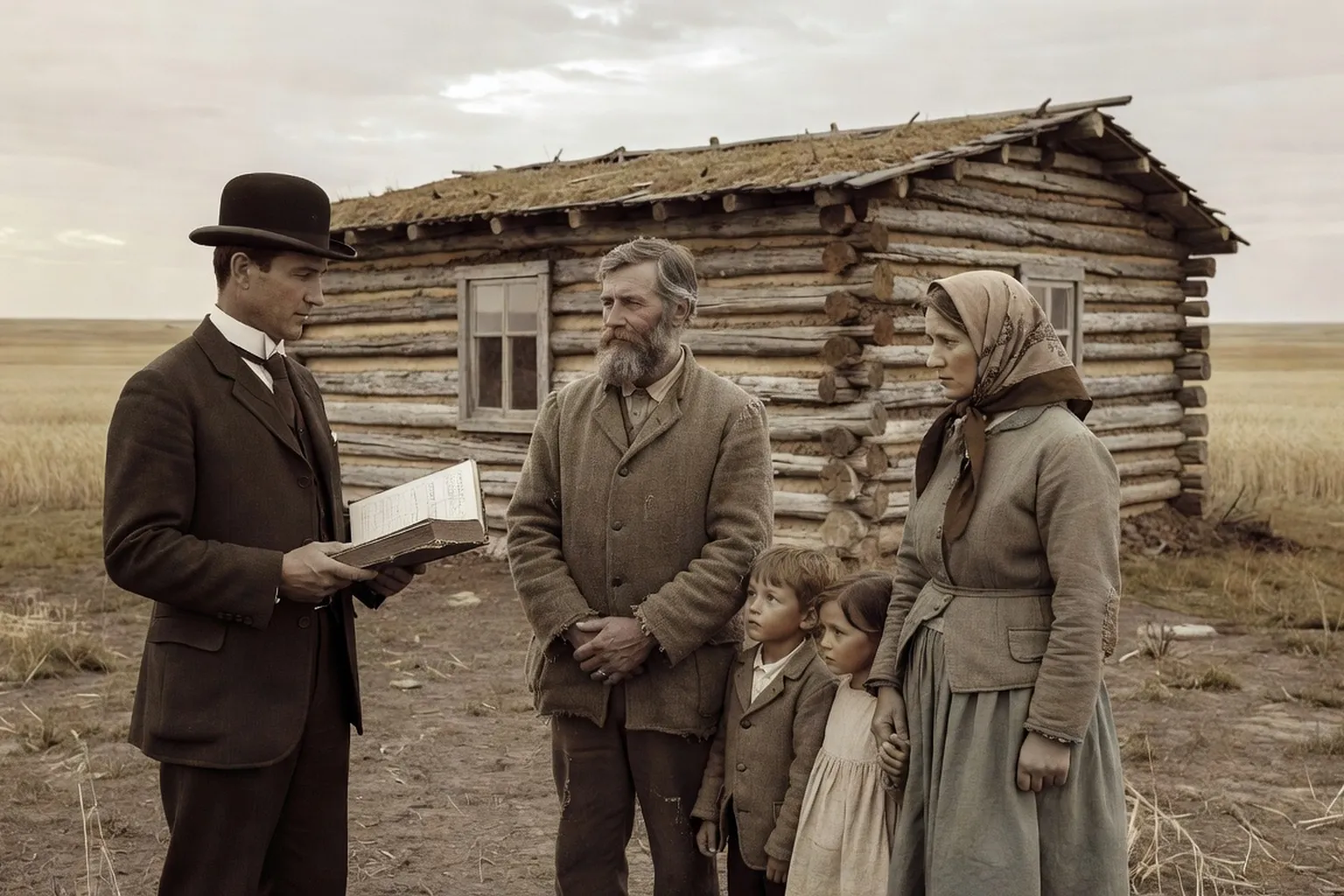 1906 Canadian census enumerator recording a Ukrainian immigrant family on the prairies