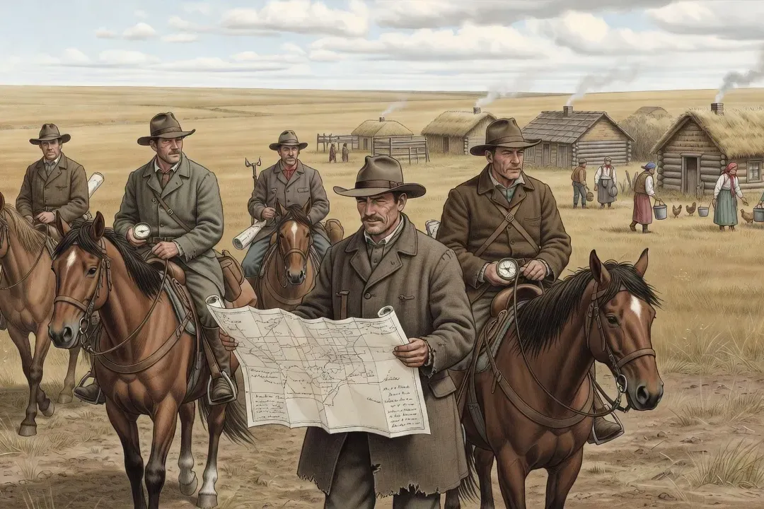 1906 Canada Prairie Census survey team traversing Manitoba landscape, historical illustration style