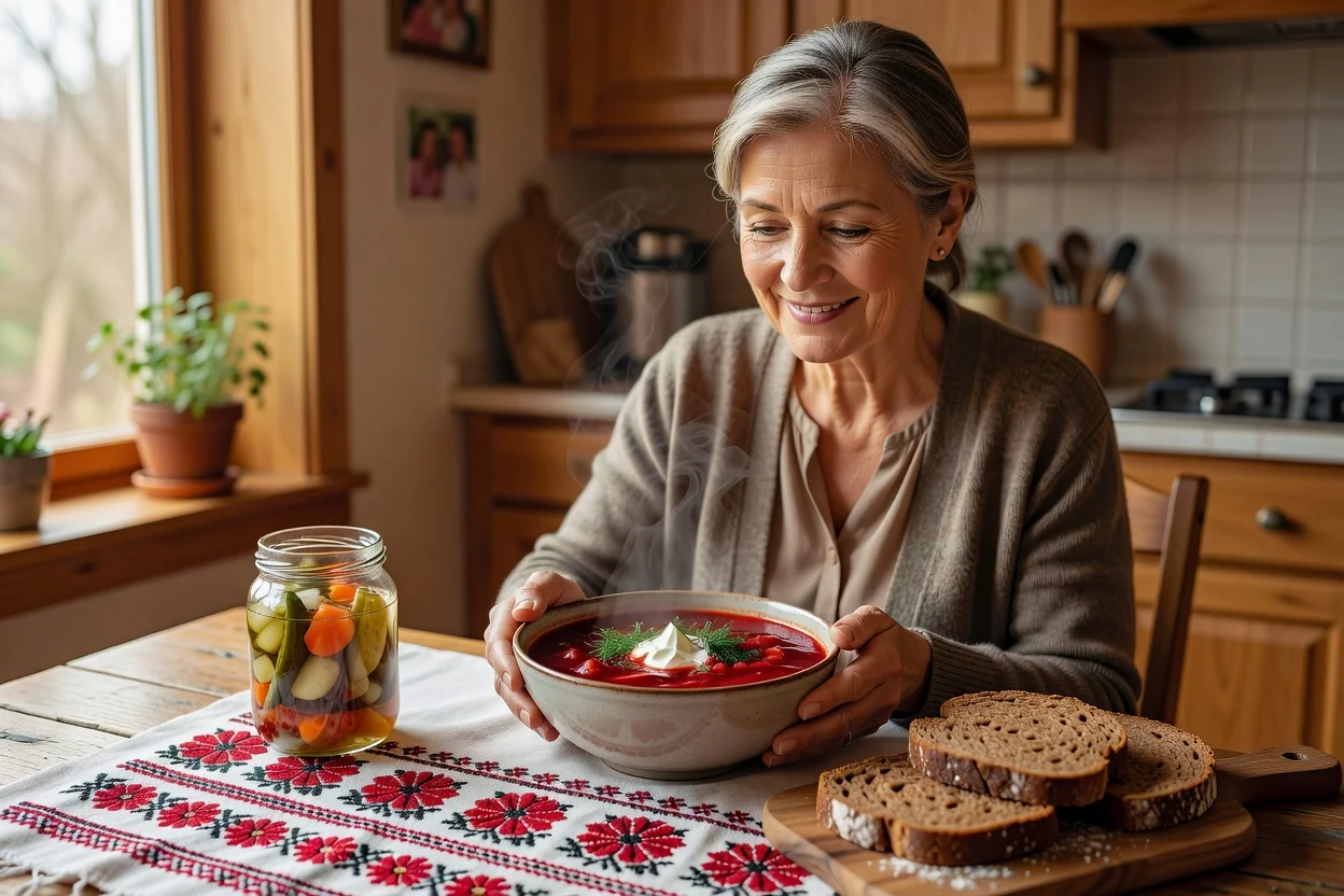 Ukrainian-Canadian woman serving a steaming bowl of red borscht topped with sour cream and dill at a family kitchen table