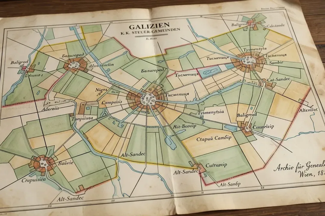 Antique Austrian cadastral map of Galicia from 1880s showing Ukrainian villages and farmland boundaries