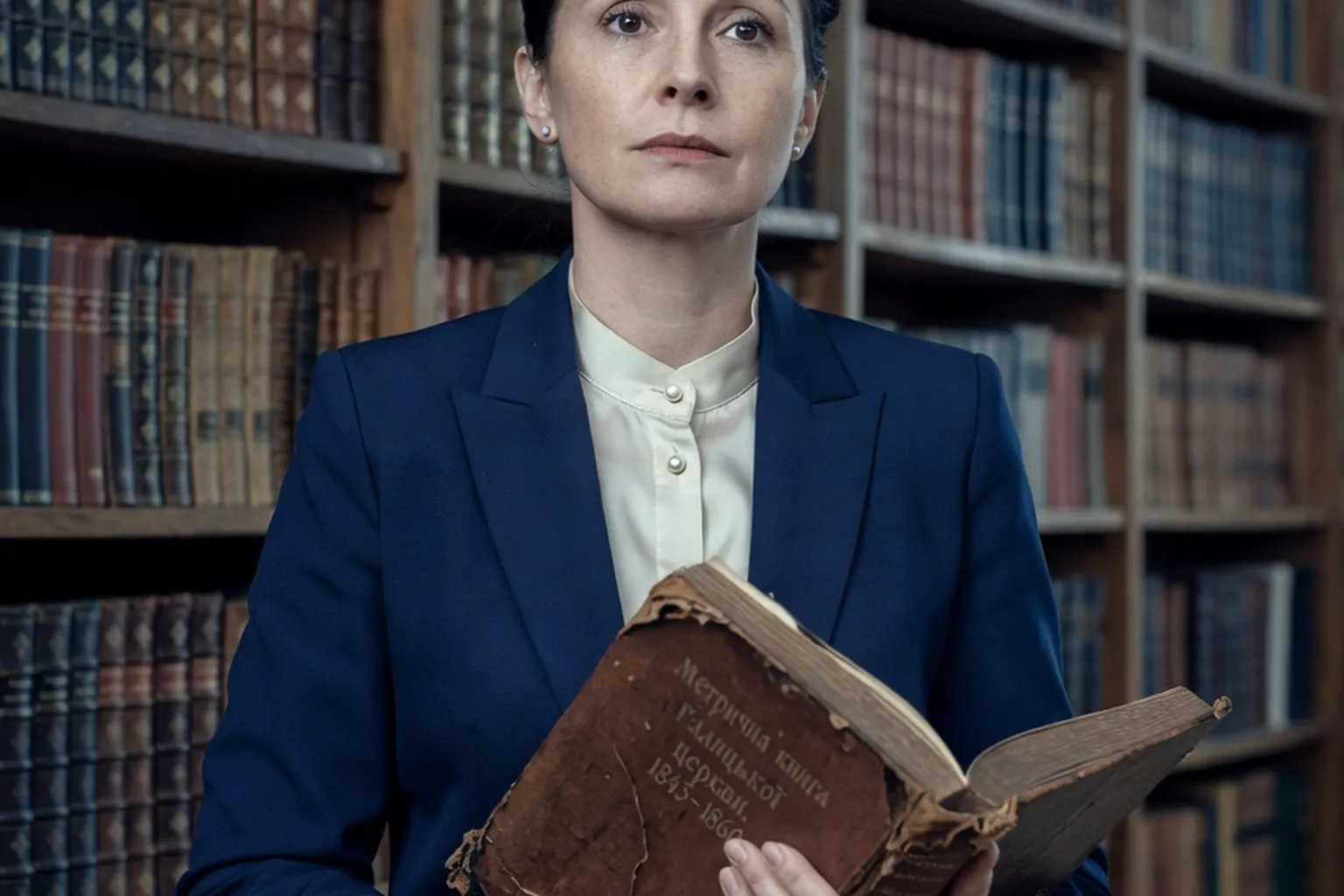 Editorial portrait of a senior Ukrainian archivist holding a Galician church metrical book inside the Lviv State Historical Archives reading room
