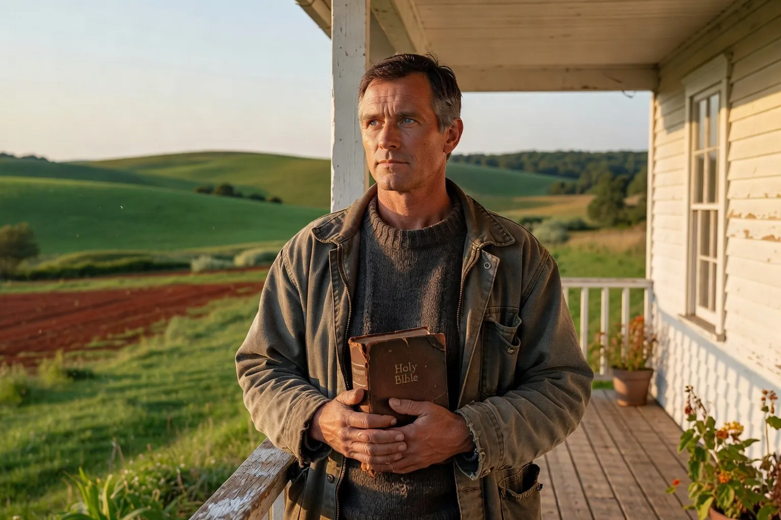 Editorial portrait of a fourth-generation Ukrainian-Canadian man standing on a Prince Edward Island farmhouse porch, holding an old family Bible