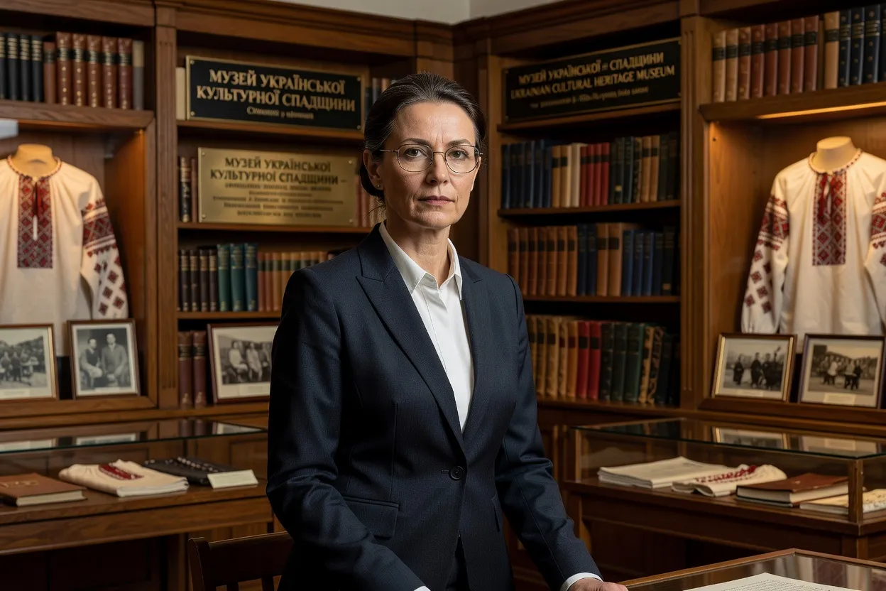 Dr. Halyna Petrivska, Ukrainian-Canadian heritage researcher, in a cultural heritage museum setting