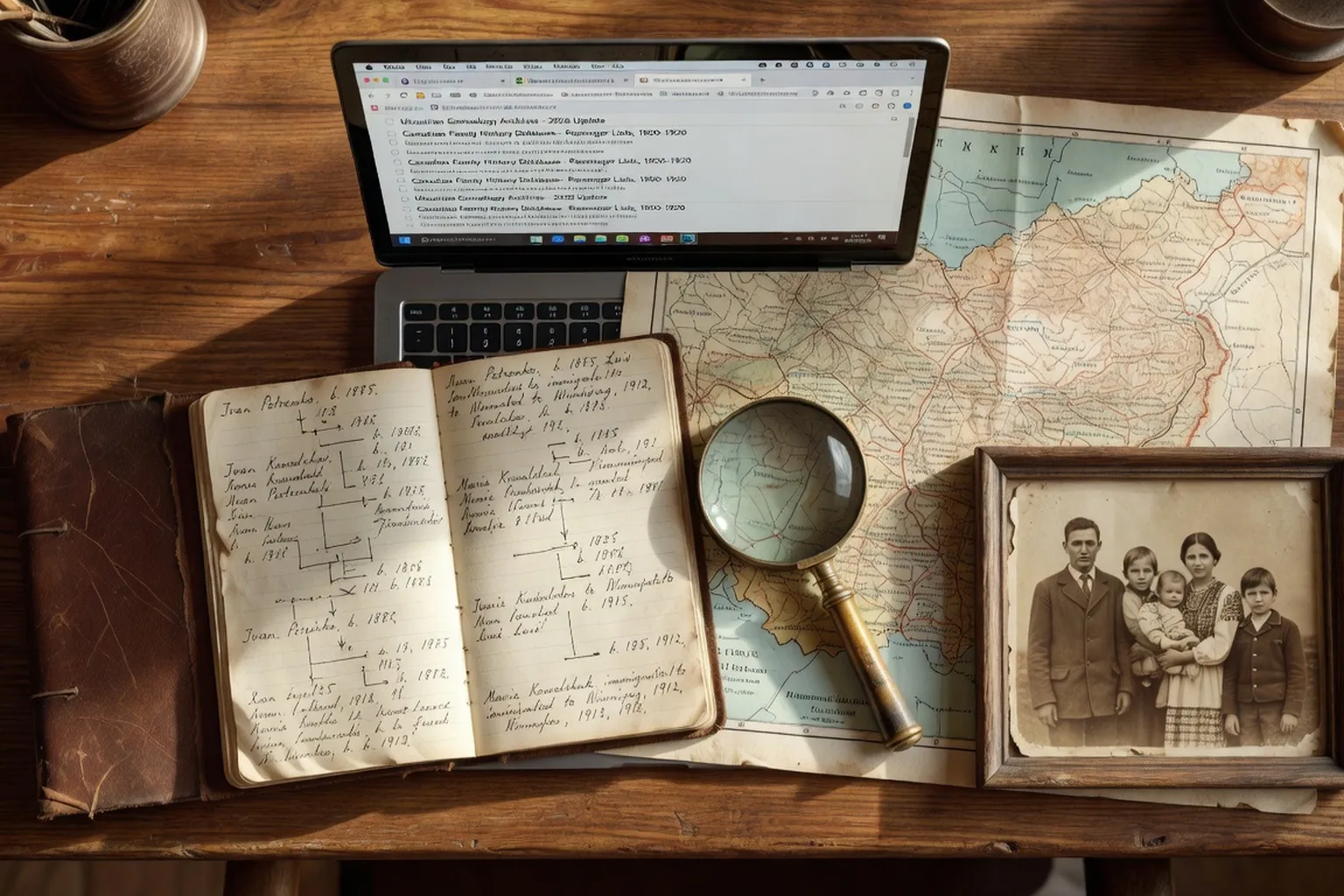 A laptop screen showing multiple Ukrainian genealogy database websites open in browser tabs