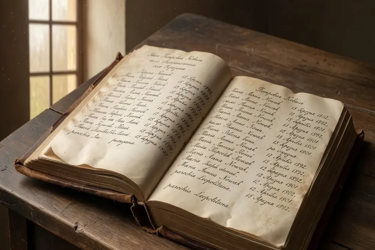 Aged Ukrainian Greek Catholic parish baptismal register book open on a wooden desk with handwritten Cyrillic and Latin entries