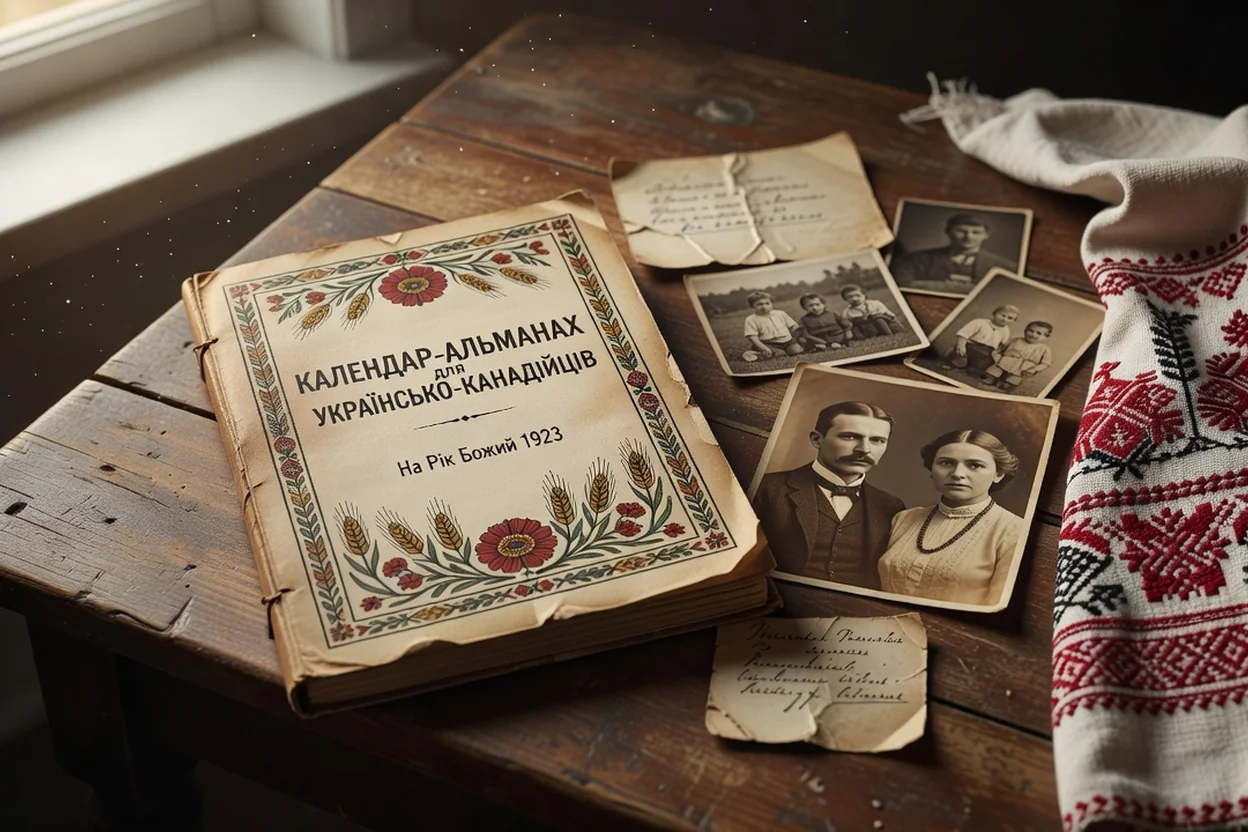 Vintage Ukrainian-Canadian calendar-almanac on a wooden table beside an embroidered cloth and old family photographs