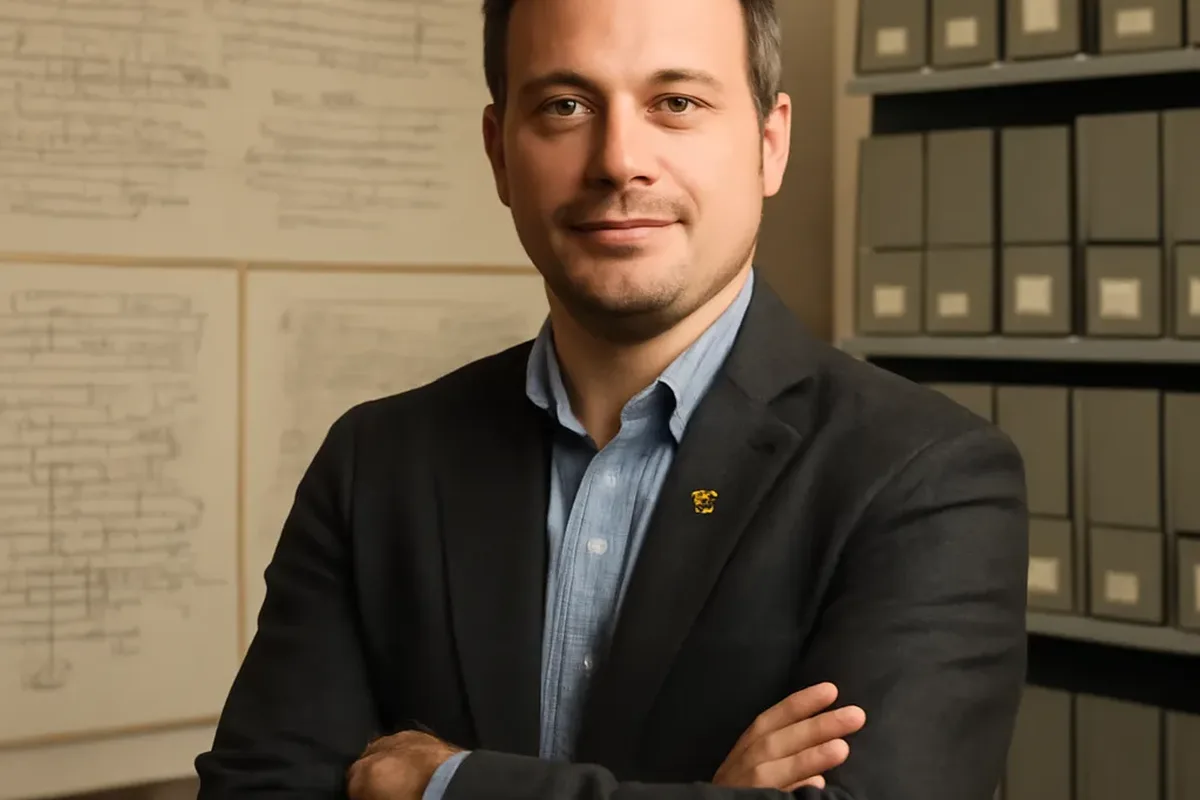 Editorial portrait of Mykola Dub, professional genealogist, in an office with genealogical documents