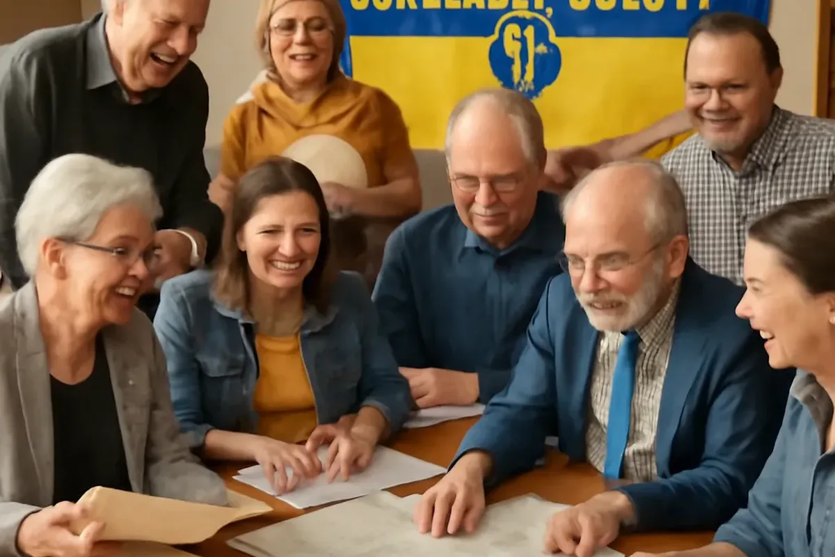 Community hall meeting of Ukrainian-Canadian genealogy society members reviewing documents and maps together