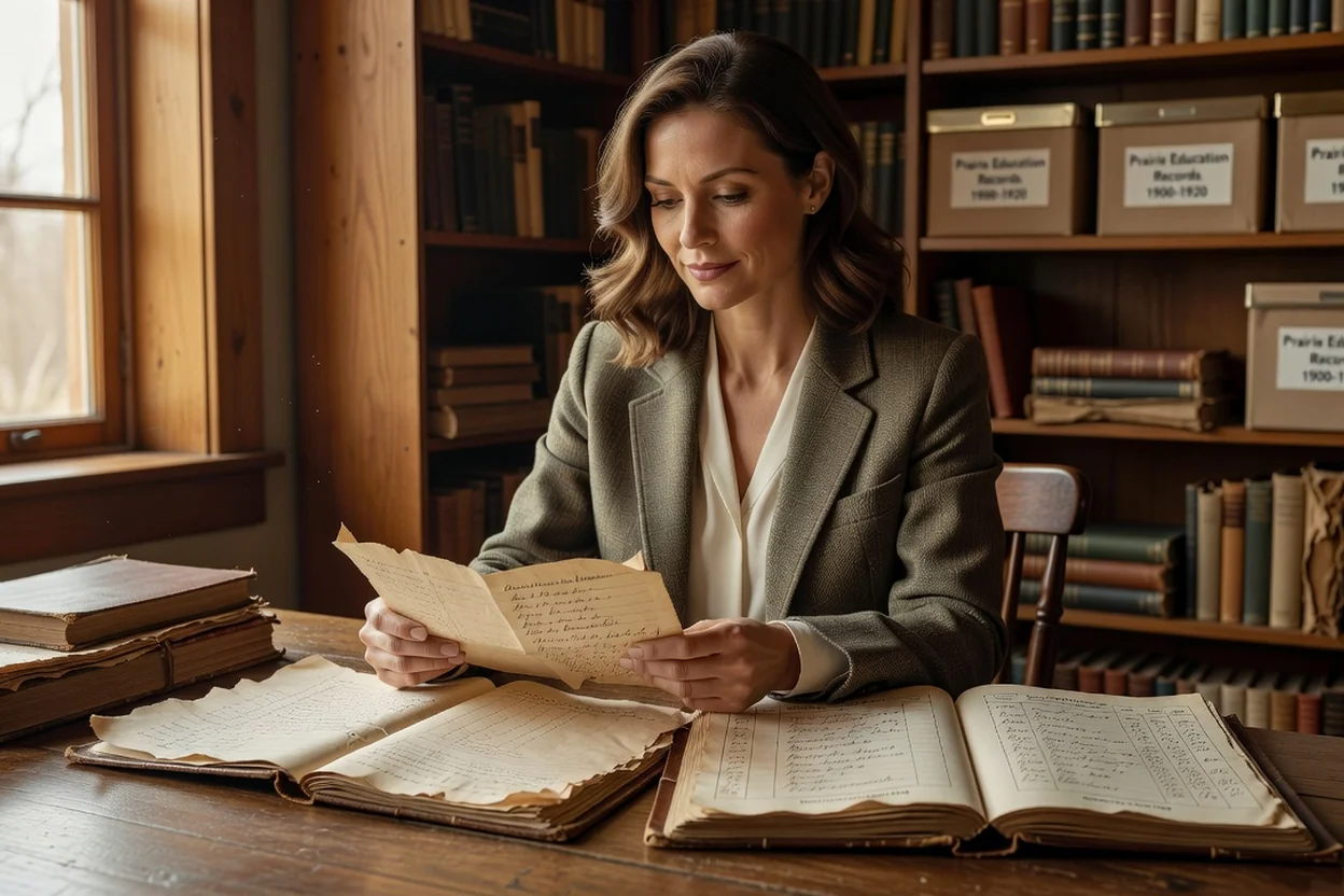 Historic one-room schoolhouse on the Canadian prairies with Ukrainian-Canadian family research documents