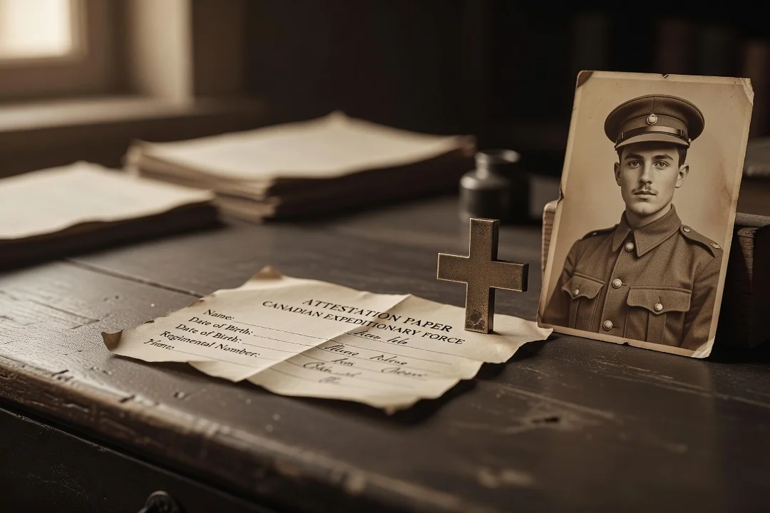 Canadian Expeditionary Force attestation paper beside a sepia photograph of a young soldier and a bronze memorial cross