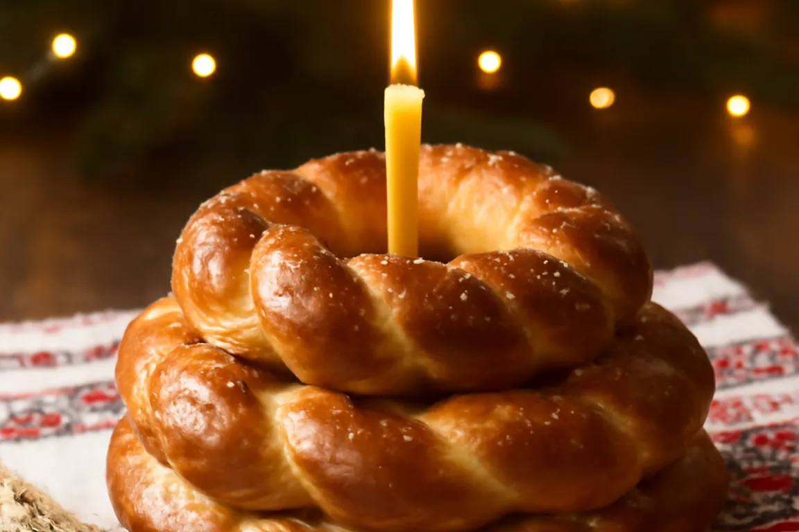 Traditional Ukrainian kolach bread, three braided rings stacked with a candle in the center, on an embroidered tablecloth