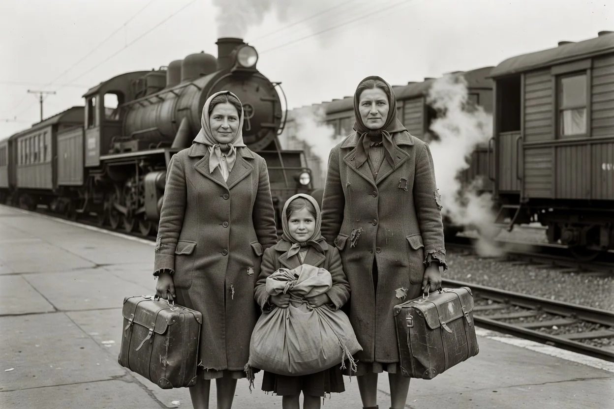 Ukrainian displaced family with suitcases standing on a European train station platform beside a steam locomotive in 1947