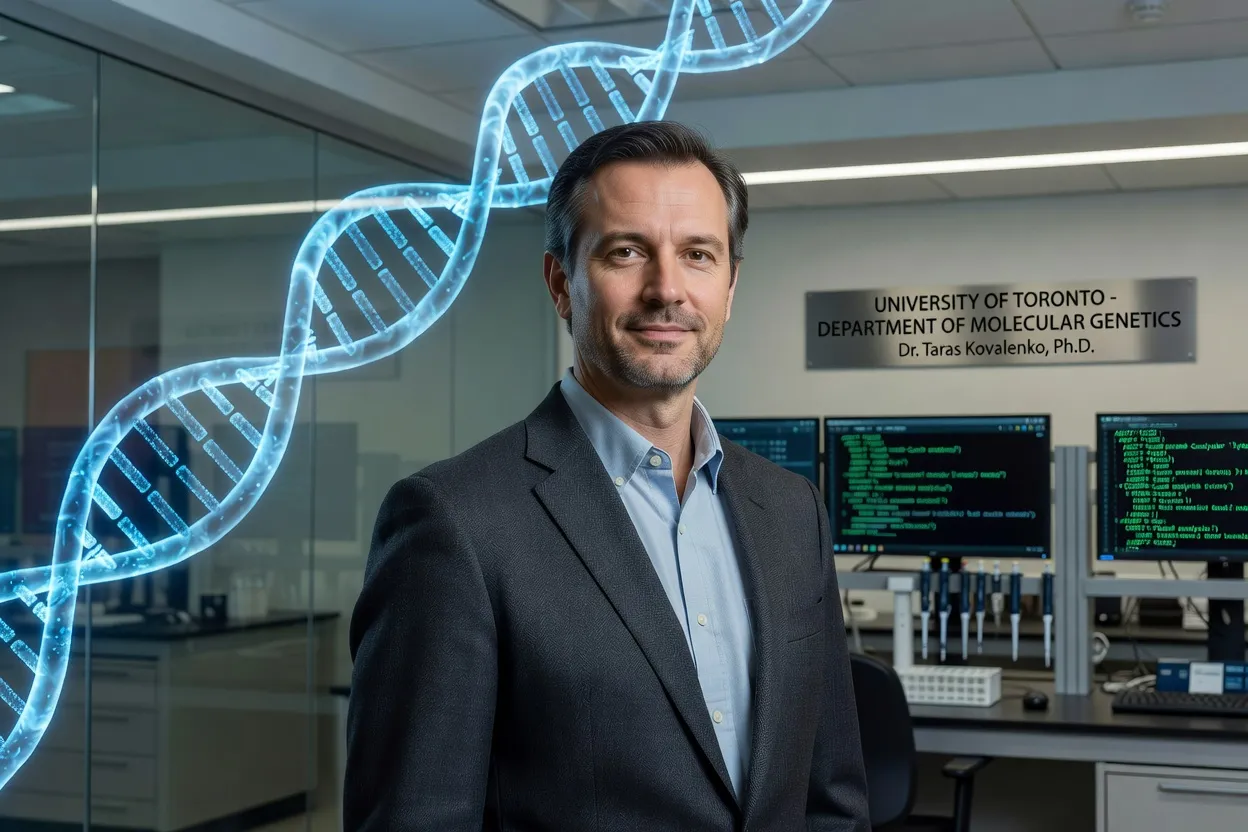 Dr. Taras Kovalenko, certified genetic genealogist, with DNA helix visualization in background