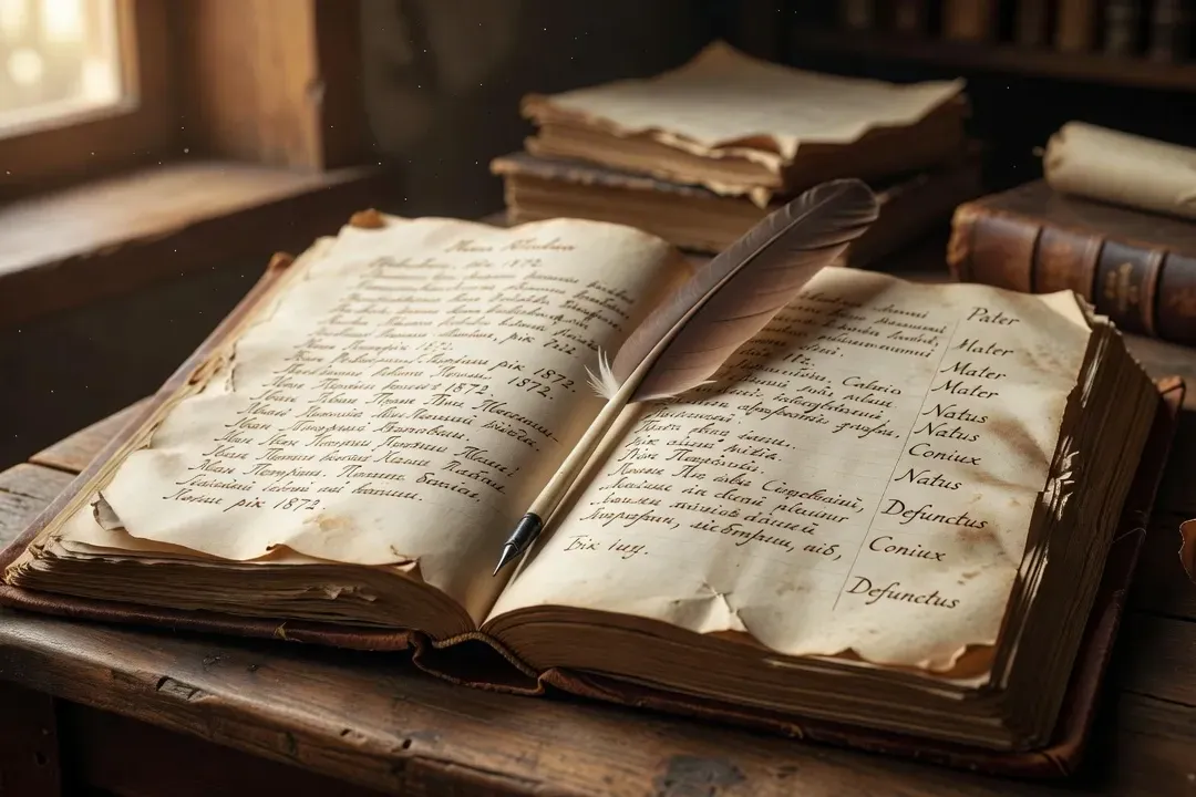 Open Ukrainian historical church record book with handwritten Cyrillic text and Latin genealogy terms
