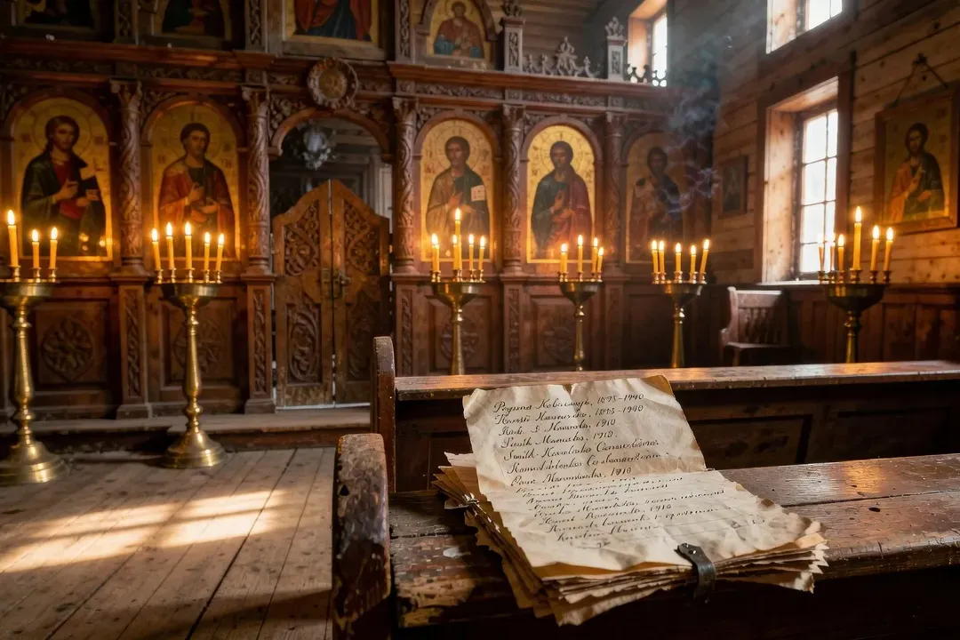 Aged Ukrainian Orthodox church interior in rural Canada with wooden iconostasis and genealogy documents