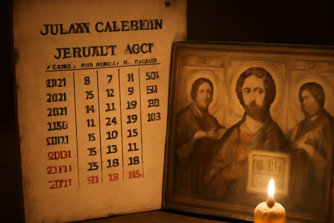 Antique Julian calendar page alongside Orthodox religious icons and a lit candle