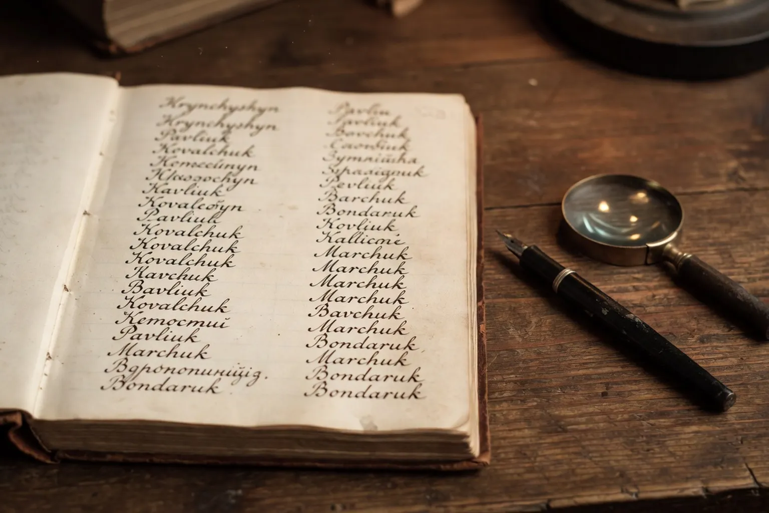 Old Galician parish register opened to a page of Ukrainian surnames written in Latin script