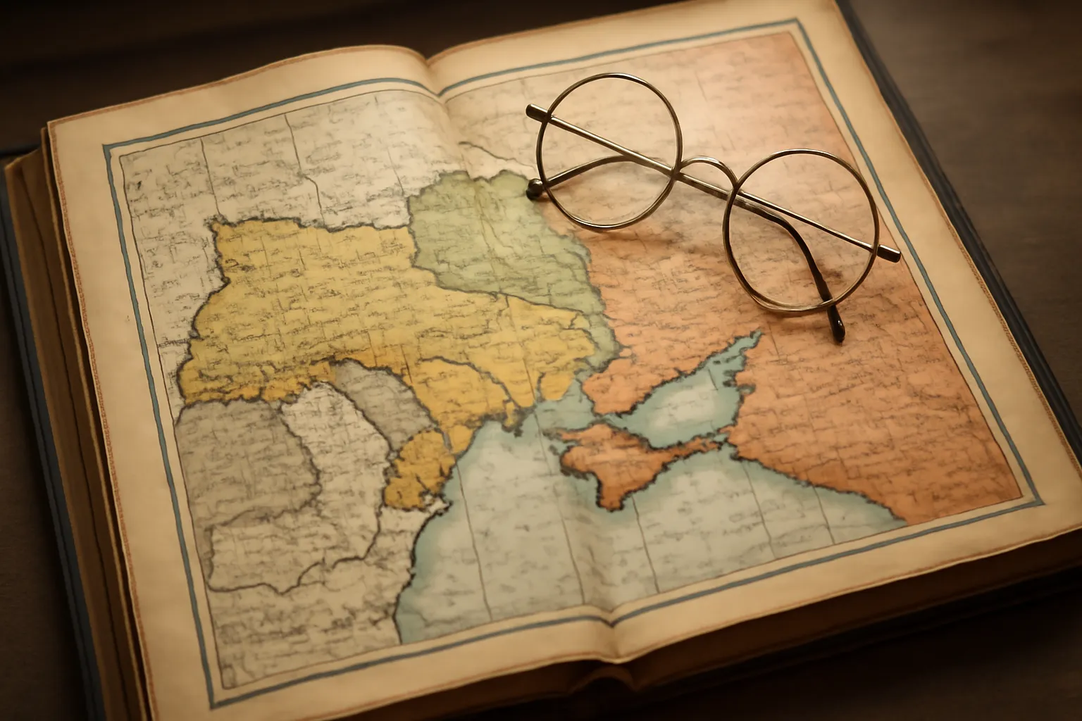 Pages from a historical atlas showing changing borders of Ukraine