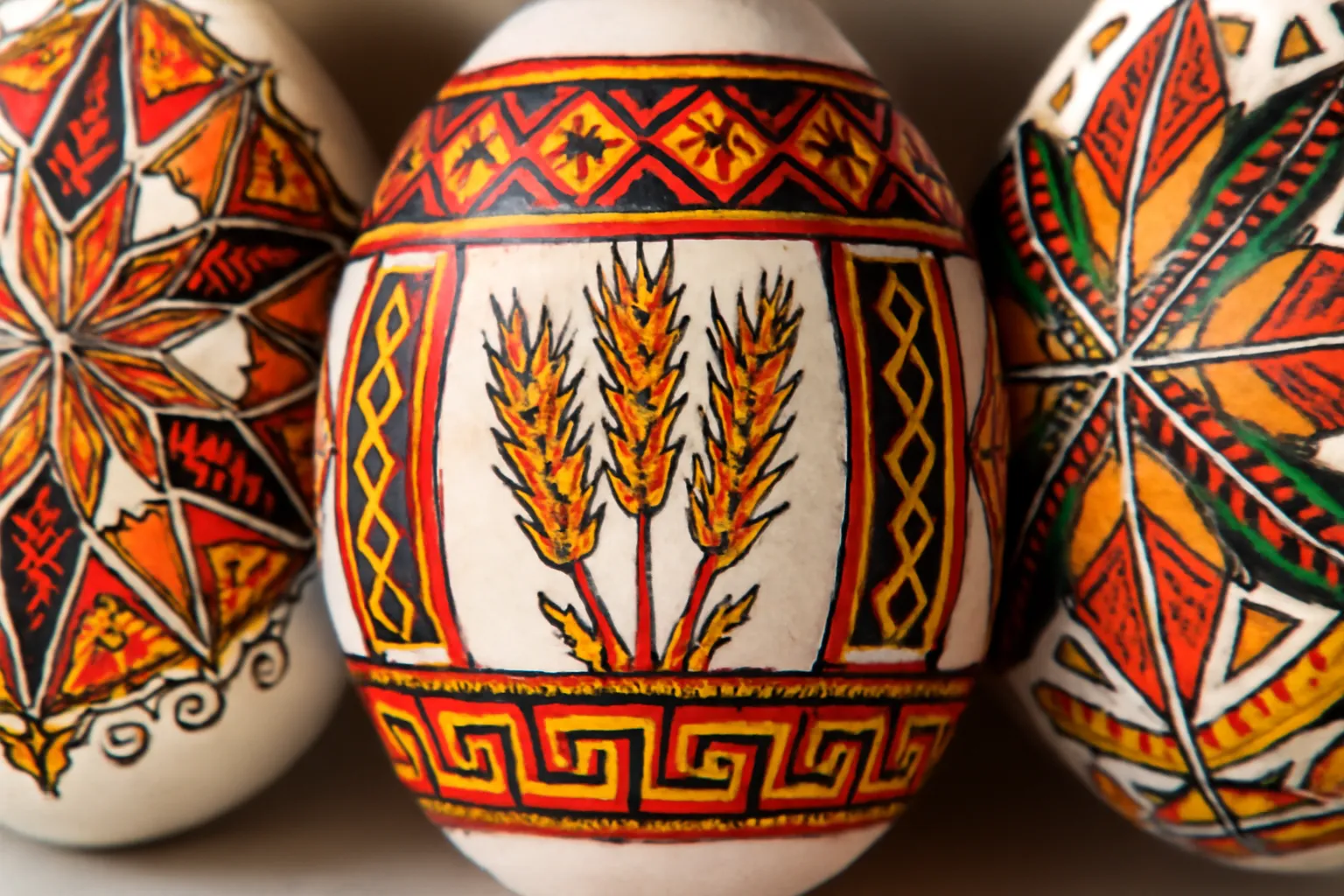 Close-up of pysanky showing intricate geometric and floral wax-resist designs