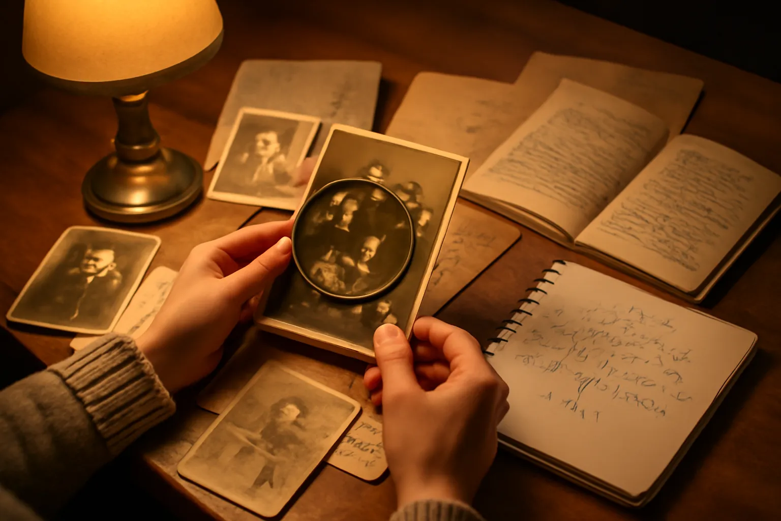 Beginner genealogist examining old Ukrainian family documents and photographs