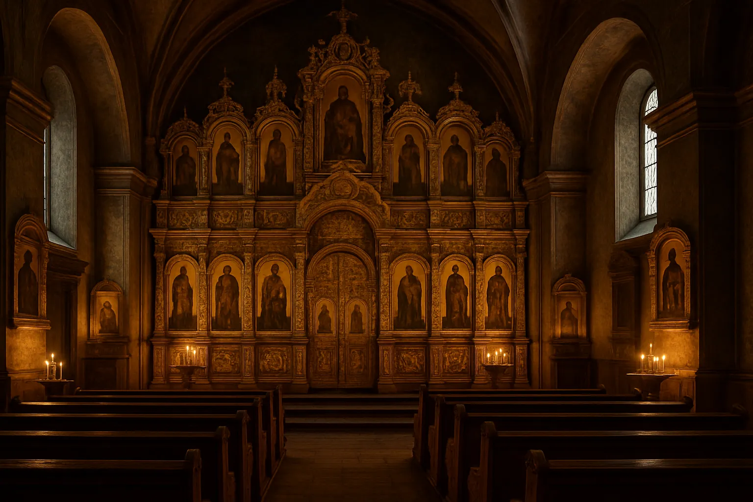 Interior of a historic Ukrainian Greek Catholic church with ornate iconostasis