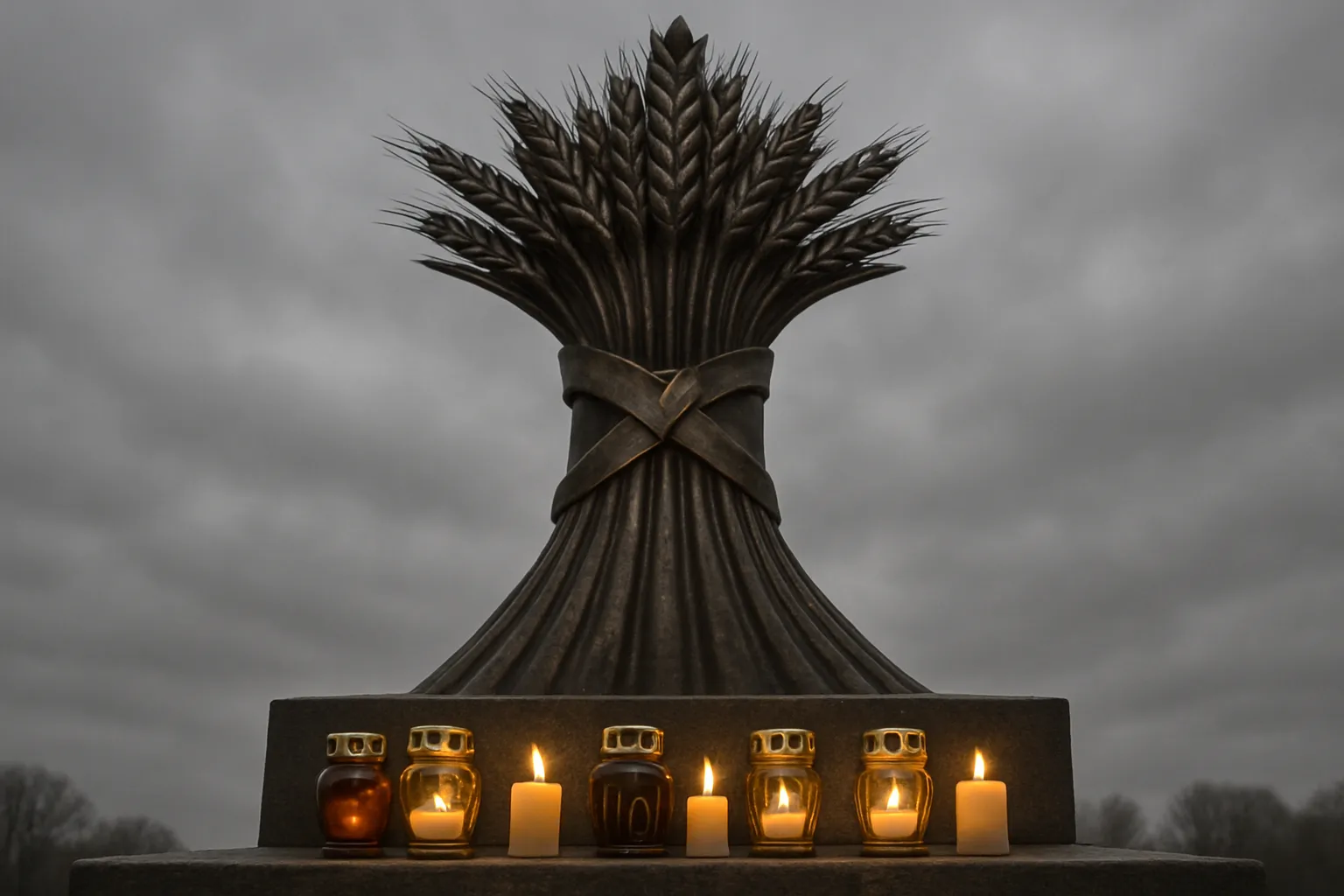 Holodomor memorial monument with wheat sheaf sculpture honoring victims of the 1932-33 Ukrainian famine