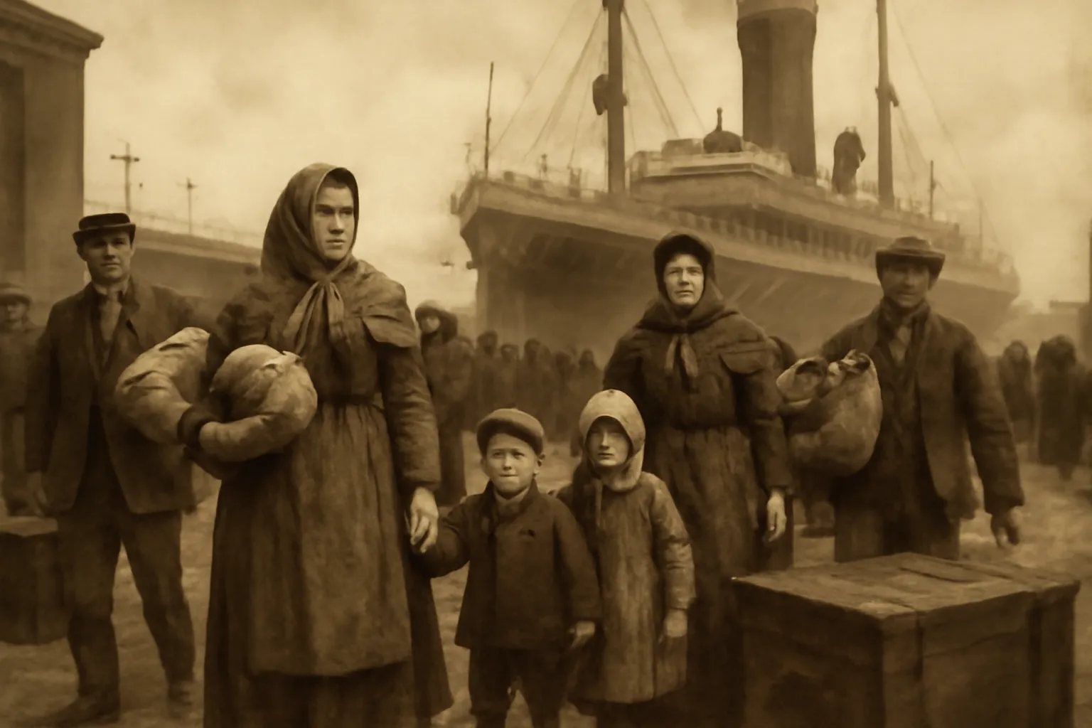 Historical scene of Ukrainian immigrants arriving in Canada in the early 1900s