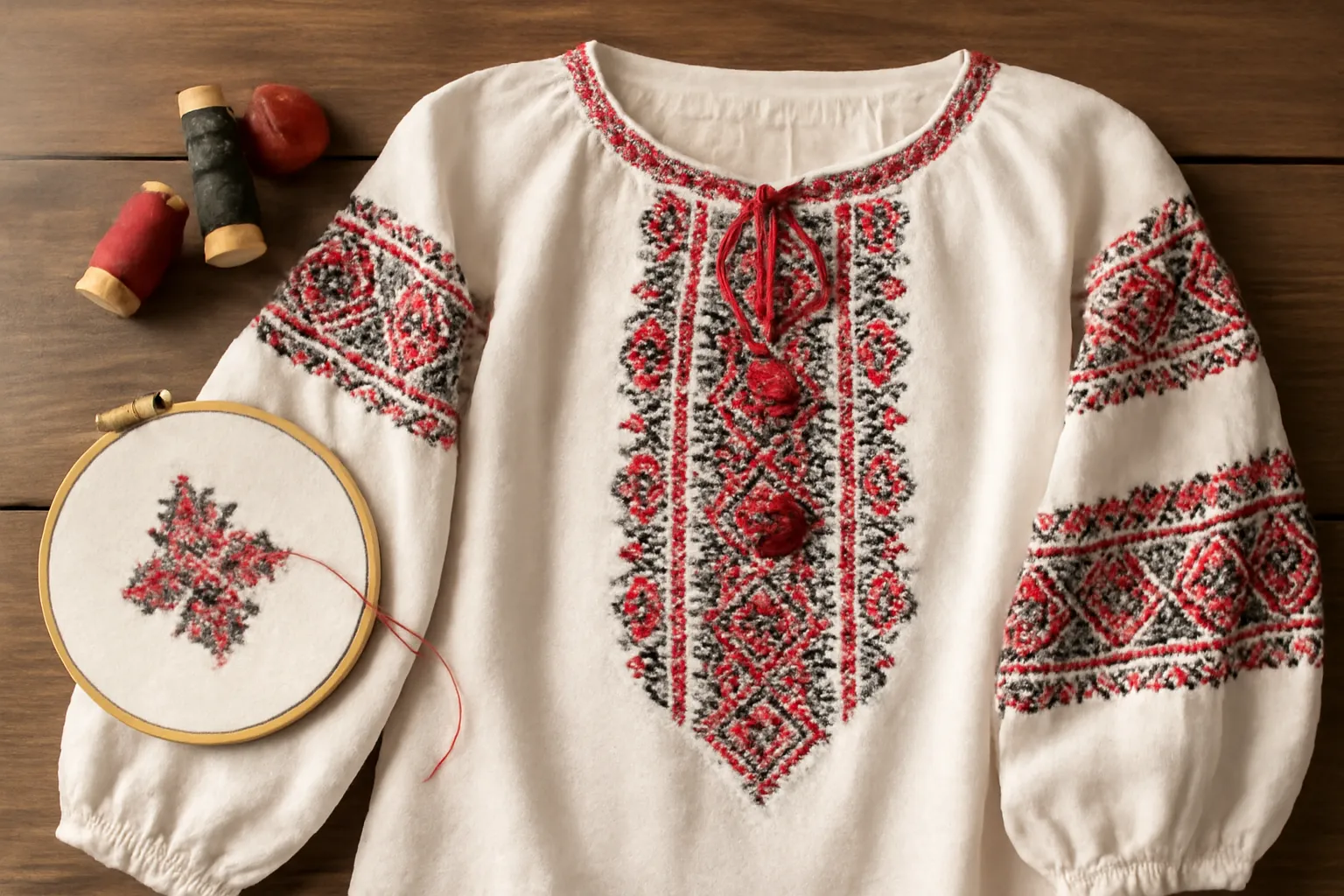 Traditional Ukrainian embroidered vyshyvanka shirt with red and black geometric patterns
